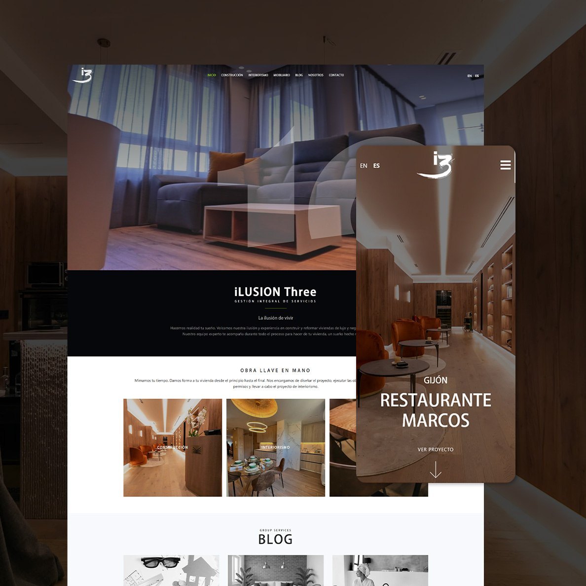 Composición web y móvil de proyecto de interiorismo Ilusion Three