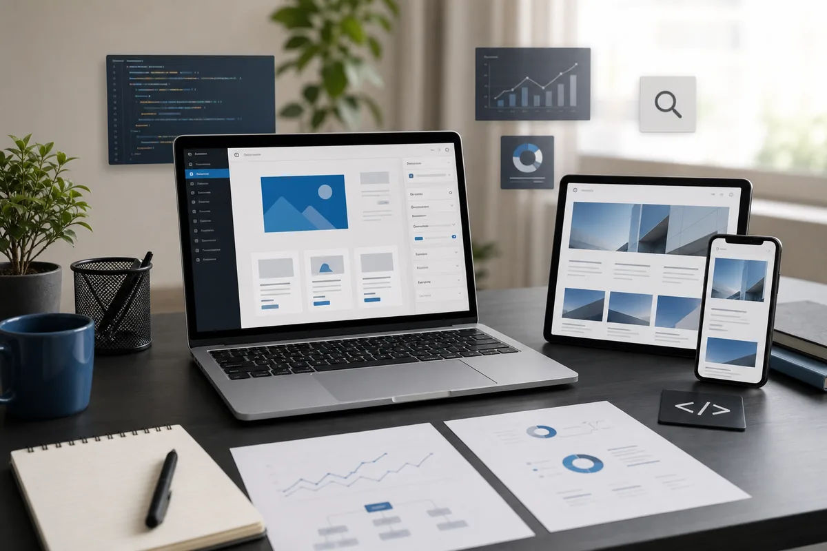 Portátil con diseño web responsive y bloques de WordPress para una página profesional