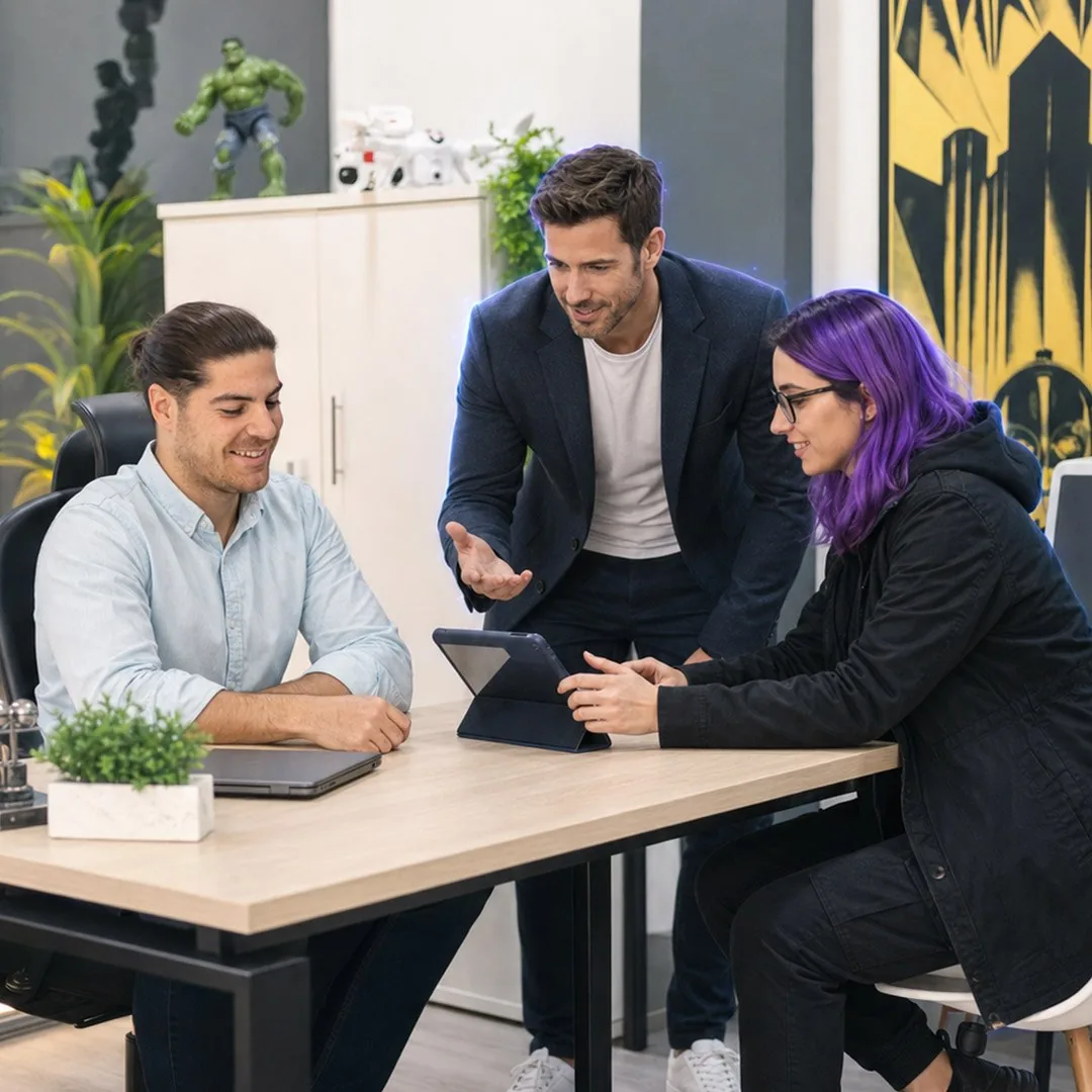 Equipo revisando una tablet en una reunión de trabajo con apoyo de IA